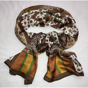 Talbot’s 100% Silk Scarf Gold Brown 70” X 27” Camel/Green/ Ivory ART NOUVEAU VTG